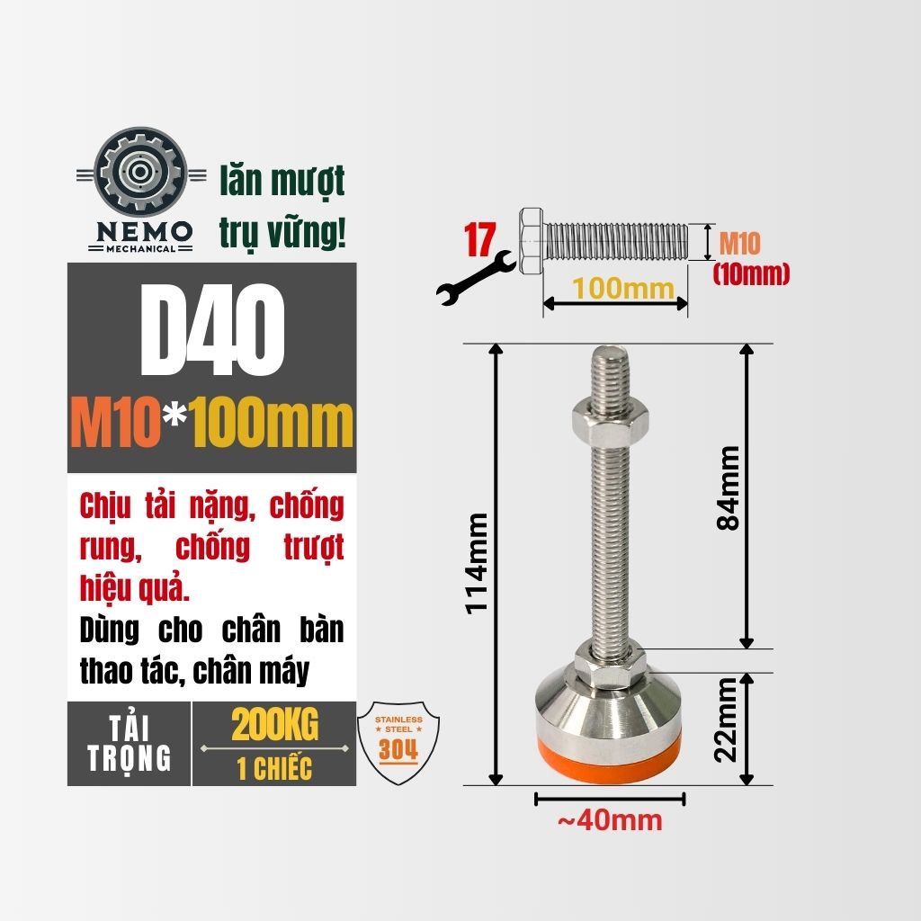 Chân Tăng Chỉnh Inox 304 Ren M10 – Chống Gỉ Tuyệt Đối, Đế Bát Dày Chịu Tải Nặng